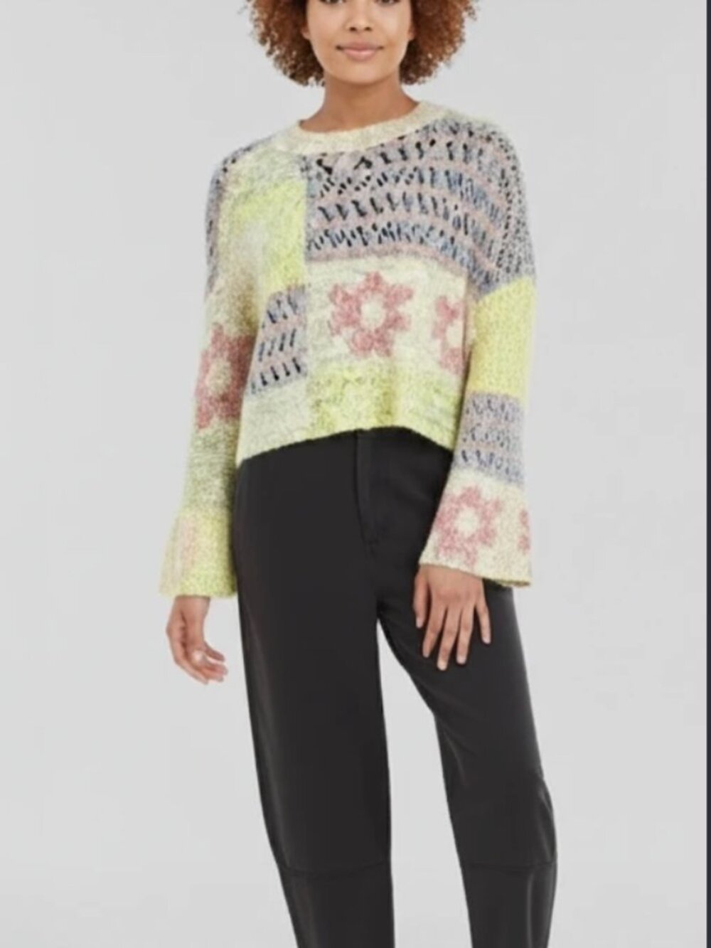 Sincerely Jules Space Dye Boucle Bell Sleeve Crop Sweater Open Knit Yoke Size S